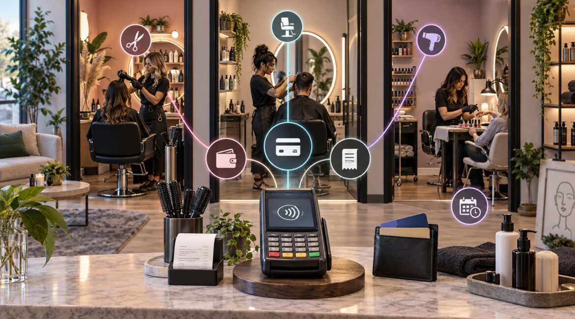 Salon suite booth renters using a shared credit card payment terminal