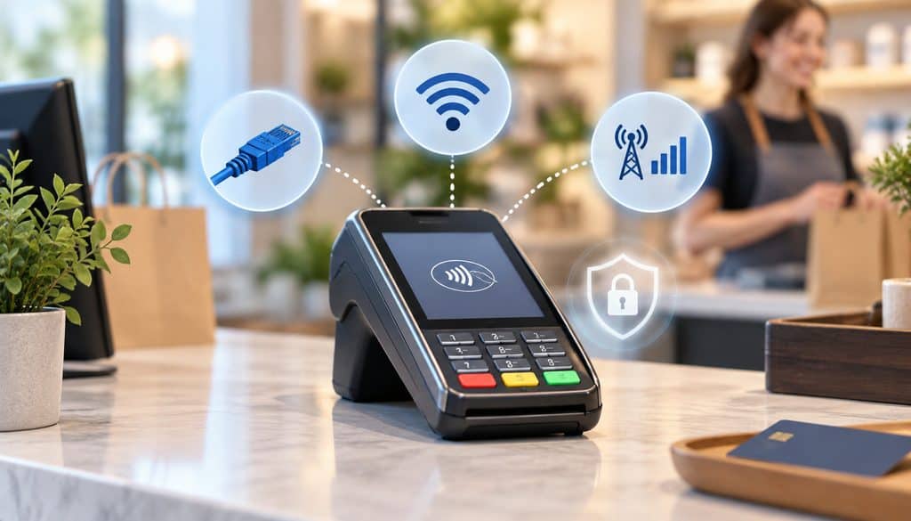 Countertop payment terminal with Ethernet, Wi-Fi, and LTE connectivity icons