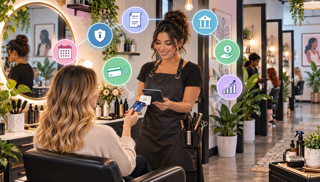 Booth renter accepting a credit card payment at a salon suite