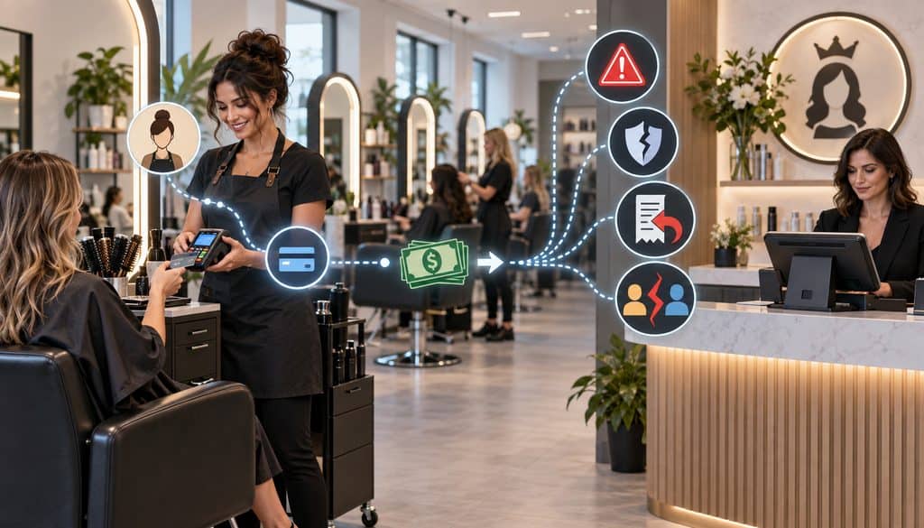 Booth renter payment processed through salon merchant account with risk icons